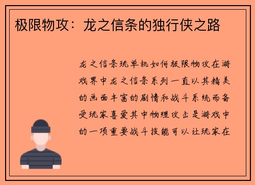 极限物攻：龙之信条的独行侠之路